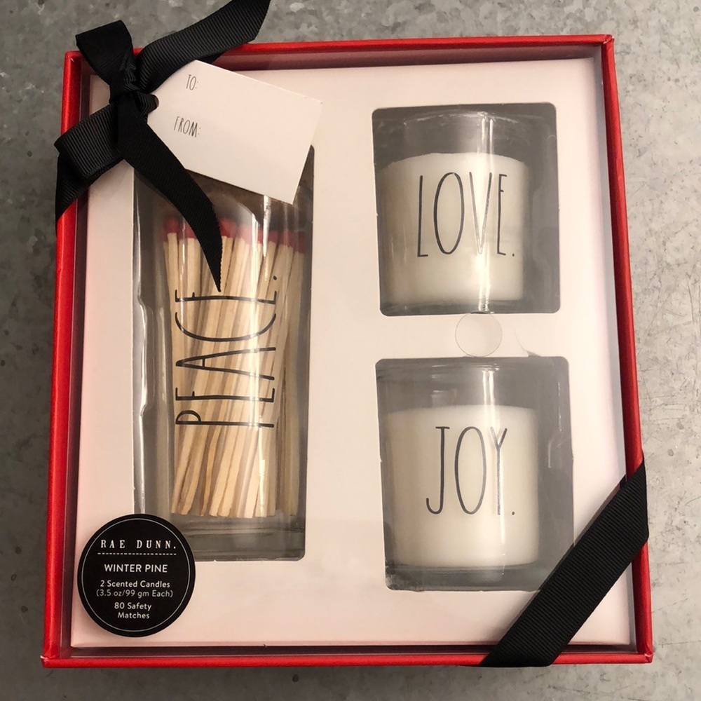 Rae Dunn Winter Pine Candle & Match Gift Set –Love, Joy, Holiday Scented Candles